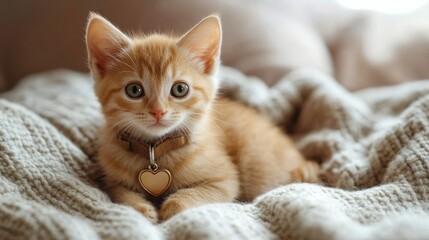 Cute tabby kitten sitting on soft fabric with a heart-shaped collar in a cozy setting