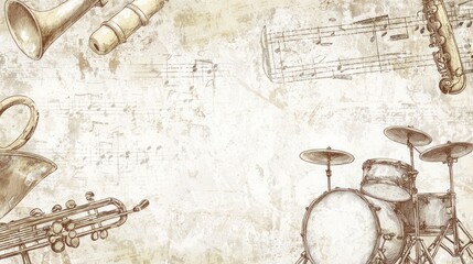Vintage musical instruments, musical notes background, artistic design, illustration for music theme