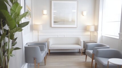 A bright and airy doctor's office lounge with white walls, neutral gray seating, and oak wood floors.