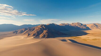 Naklejka premium Majestic desert landscape with sand dunes and rugged mountain range under blue sky