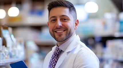 Fototapeta premium Portrait of a Confident Male Pharmacist in White Coat, Holding Clipboard in a Busy Pharmacy Setting