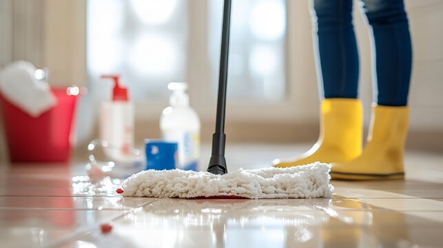 Standing in vibrant yellow boots, a person diligently mops a glistening floor, exemplifying the importance of cleanliness and comfortable attire in household upkeep.