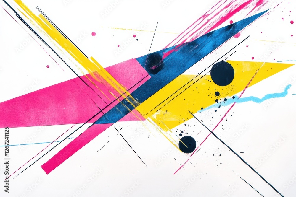 Poster colorful abstract artwork features dynamic shapes and bold lines in vibrant shades against a white b