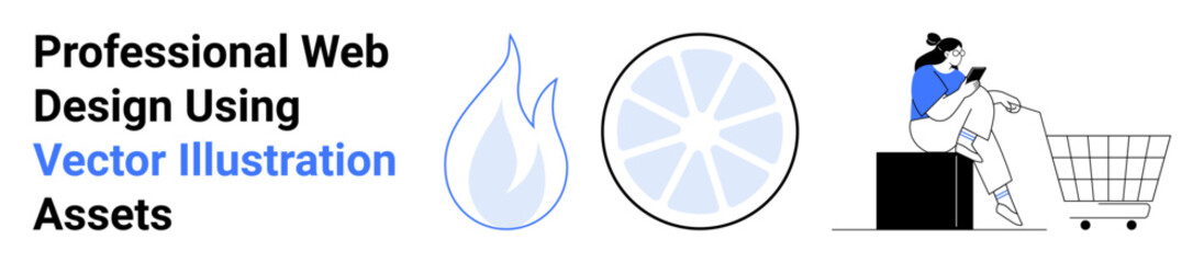 Elements include a flame graphic, citrus slice icon, woman browsing on phone near shopping cart. Ideal for digital design, e-commerce, branding, innovation, creativity, retail flat landing page
