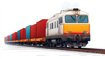 Obraz premium Freight train transporting colorful containers along railway tracks in a minimalist setting