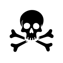 Minimalist black pirate skull silhouette with crossed bones on white background