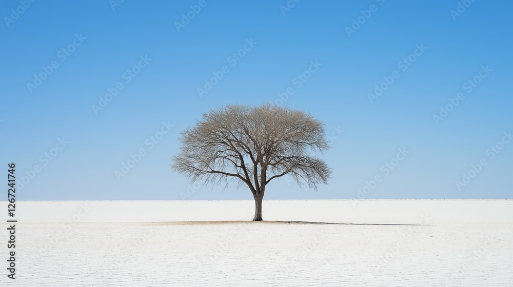 Poster a single tree standing in the middle of a vast white desert.