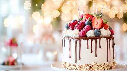 Decadent Chocolate Drip Cake Topped with Fresh Red Raspberries and Blueberries on White Plate with Soft Bokeh Lighting