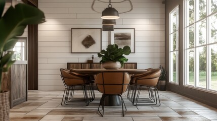 This image captures a beautifully designed modern dining area featuring an inviting table and stylish chairs, ideal for gatherings and shared moments of joy.