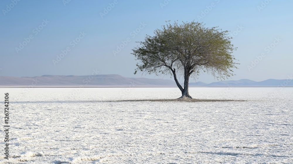 Poster a single tree standing in the middle of a vast white desert