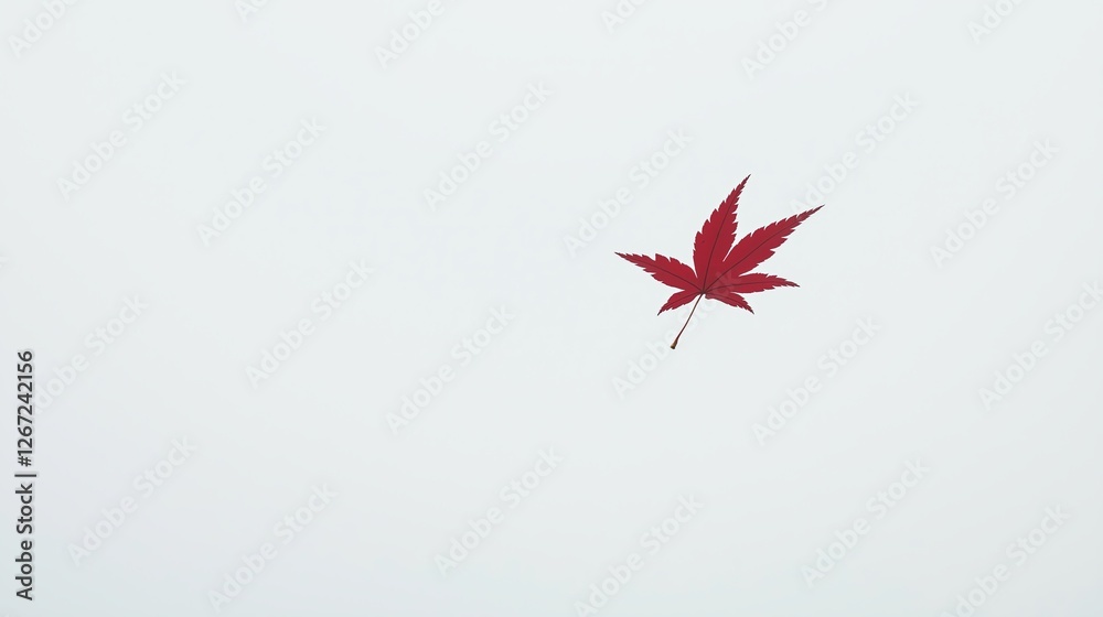 Poster a white background with a lone red maple leaf floating in the air