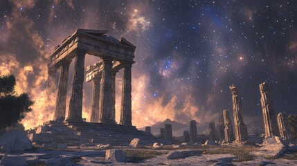 Fototapeta premium Ancient ruins under starry night, Greece, mystical background, fantasy art