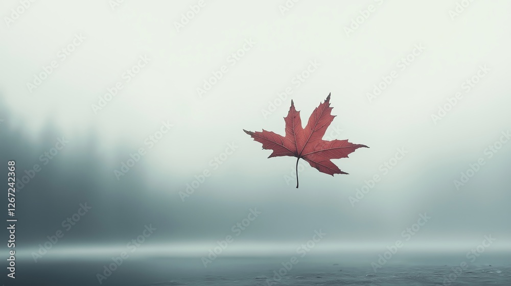 Poster a white background with a lone red maple leaf floating in the air
