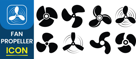 Fan propeller icon, vector set. Silhouette of Computer cooling device. Electrical temperature equipment. Cooling fan elements. Vector illustration. © Icon Store