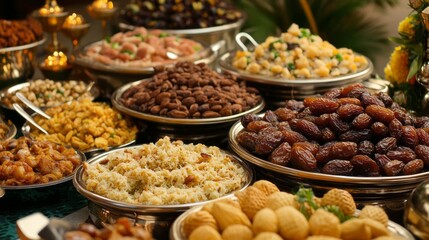 Festive gathering features an array of traditional Arabic dishes, displaying a colorful variety of flavors and textures. Guests indulge in a rich culinary experience, celebrating culture