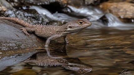 Obraz premium Frilled lizard standing alert near a flowing stream, reflecting in the water below