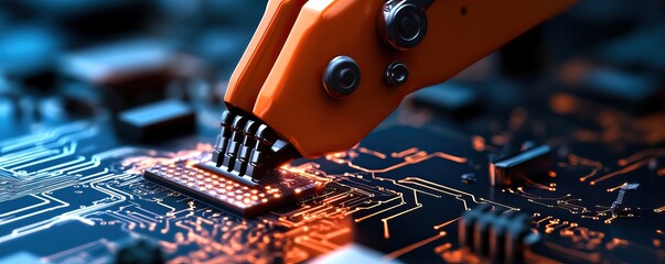 A robotic arm is delicately manipulating a circuit board, highlighting the intricate connections and components in a vibrant, high-tech environment.