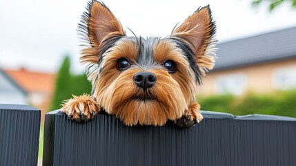 A cute Yorkshire Terrier peeks over a black fence, showcasing its distinctive fur and expressive eyes in a vibrant outdoor setting.