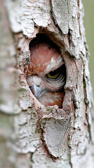 Obraz premium Owl peeking through a hollow tree with sharp eyes and detailed feathers in a forest