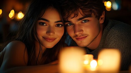 A loving couple radiates joy and affection as they share a warm moment together by candlelight, embodying romance and connection amidst a cozy, intimate atmosphere.