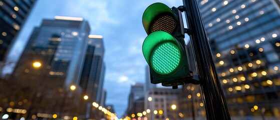 A green traffic light glowing against a backdrop of city buildings during twilight, signaling vehicles to proceed.