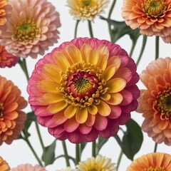 A single zinnia flower showcasing a stunning combination of pink, yellow, and orange petals, isolated on white.