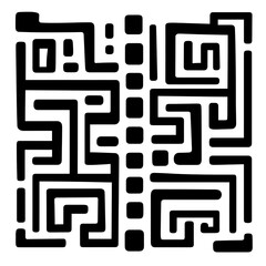 Abstract Black and White Labyrinth Design with Central Column of Squares and Maze Like Shapes