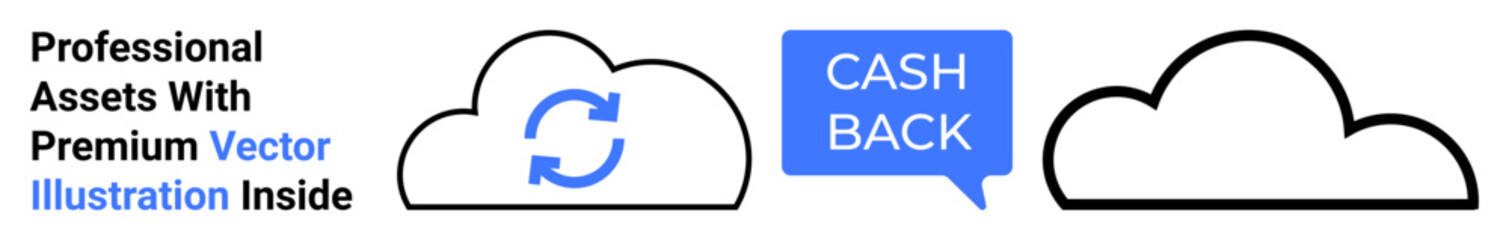Two cloud graphics emphasize cashback with a speech bubble and vector refresh symbol. Ideal for finance, e-commerce, cloud computing, file sharing, rewards programs, tech services, flat landing page