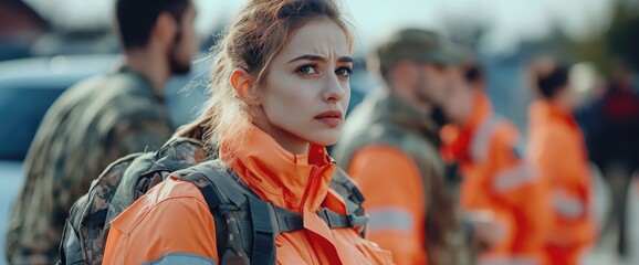 Female paramedic, disaster relief, outdoor scene. Emergency aid