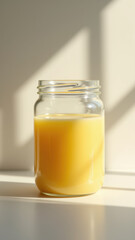 A jar of yellow liquid on a white surface with light shining through.