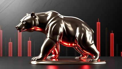 Metallic bear sculpture with glowing red highlights symbolizing a bearish stock market, positioned in a downward motion with a dark gradient background and faint red candlestick charts behind it  
