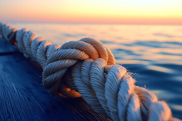 Closeup of a thick rope knot against a sundrenched ocean backdrop.  The image evokes themes of strength, connection, and journey.