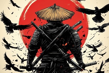 A striking silhouette of a samurai holding swords, set against a vivid red sun, representing strength, honor, and the art of traditional Japanese warrior culture.