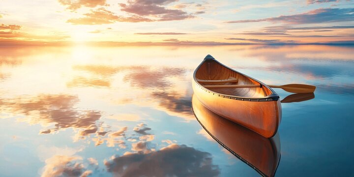 National Day of Unplugging Concept. Serene Canoe on Calm Water at Sunrise Reflection