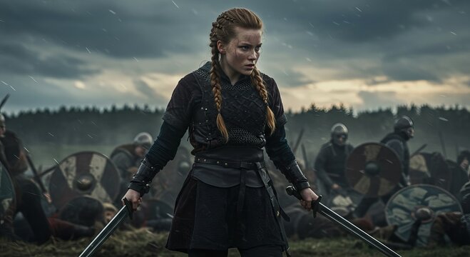 Fierce teenage shieldmaiden on a battlefield with dual swords ready to strike