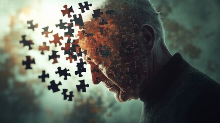 An old man with a puzzle piece in his head. A syndromic model of the degeneration of the adolescent genitals of a sy. Generative puzzle with mental capabilities. An elderly man with a lifestyle.