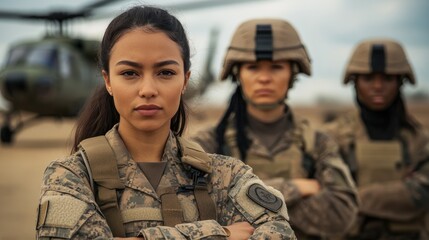 Fototapeta premium Female soldiers, helicopter, desert base, mission briefing