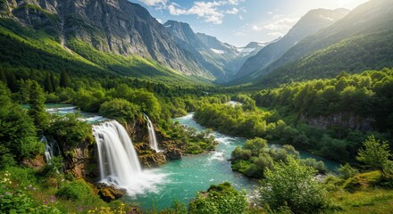 Fototapeta premium Waterfall Flowing Into River Valley Surrounded by Lush Green Forest Scenery