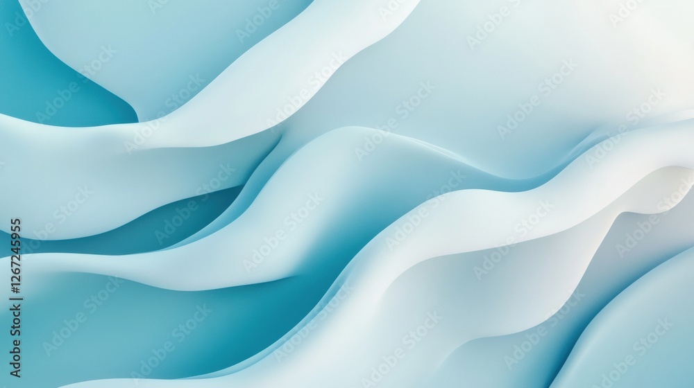 Poster Elegant undulating waves of soft blue and white forming a serene abstract pattern in a smooth design. Generative AI