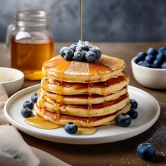 Fluffy Buttermilk Pancakes with Maple Syrup, Butter, and Fresh Blueberries – Golden Stack of Breakfast Pancakes with Powdered Sugar on a White Plate – Warm, Cozy, Delicious Morning Food Photography