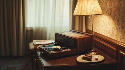 Vintage record player on hotel room dresser