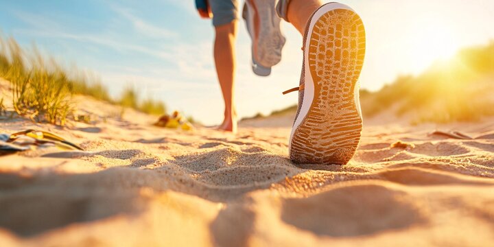 National Day of Unplugging Concept. Runner Footprints on Sandy Beach at Sunset