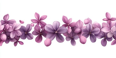 Romantic Springtime Border Blooming Lilac Flowers on White Background, Horizontal Design