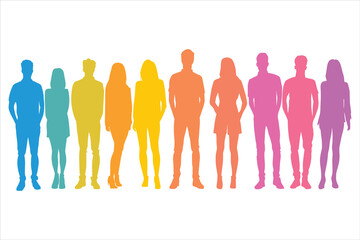  different colors character silhouettes standing people, design concept of flat icon, hand draw vector illustration, isolated on white background