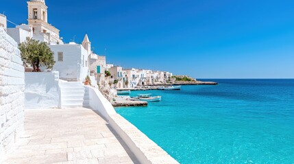 Coastal town walkway, white buildings, turquoise water. Perfect for travel brochures