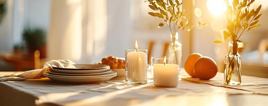 National Day of Unplugging Concept. Cozy Table Setting with Candles and Natural Light