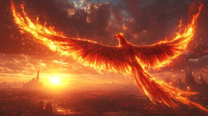 Fiery Phoenix Character with Flames Trailing in Dramatic Orange Sky Over Cityscape at Sunset