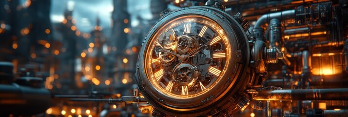 Steampunk Clockwork Cityscape: A Futuristic Timepiece