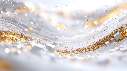 Abstract Geometric Wavy Background with Golden Glitter and White Squares and Triangles Modern Decorative Design with Soft Lighting Ideal for Wallpaper or Backdrop Artwork. Targets 150 character count