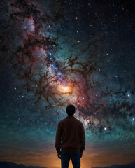 Obraz premium Cosmic Wonder: Man watching the Stunning Galactic Sky